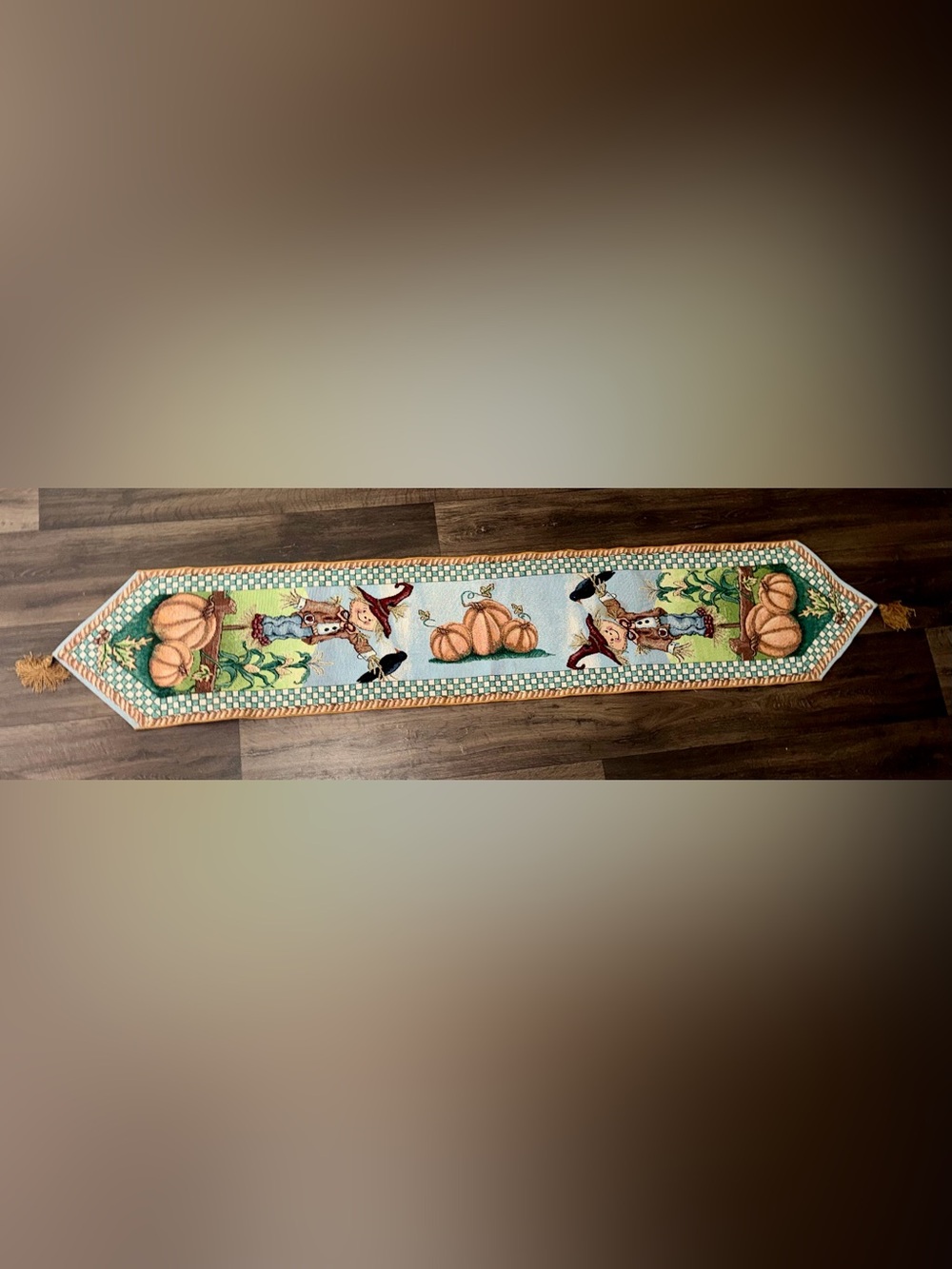 Vintage Fall Scarecrow & Pumpkin Tapestry Table Runner